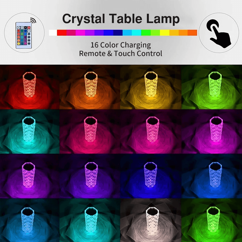 USB Rechargeable Crystal Rose Diamond Touch Lamp LED With RGB 16 Colors